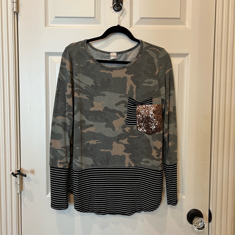 Camo print blouse.  Size XL